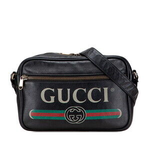 Gucci Logo Print black leather messenger Crossbody bag